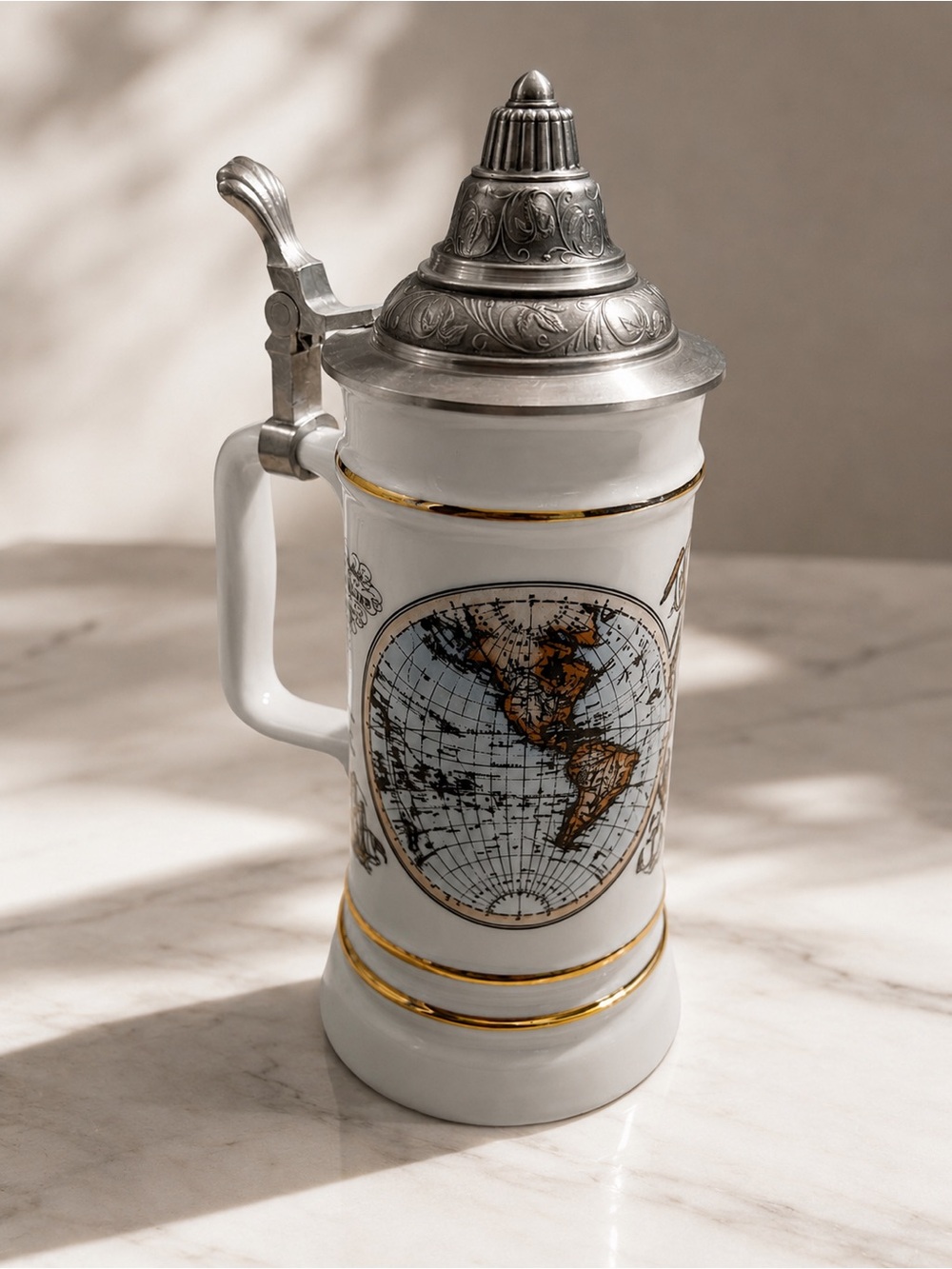 Vintage German WMF Porcelain Beer Stein with Pewter Lid - Old World Map Graphic